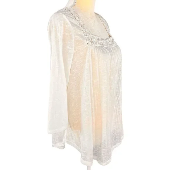 L.A. HEARTS Women's Blouse Ivory Boho Large Crinkle-Rayon 3/4 Sleeve Square Neck - Picture 7 of 14